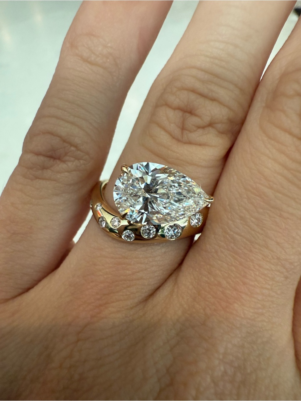 3.07 carat F VS1 pear east west with polka dot band diamond engagement ring - Picture 12 of 12